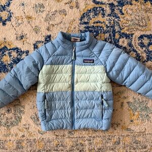 Patagonia Kids Light Blue and Cream Puffer Jacket